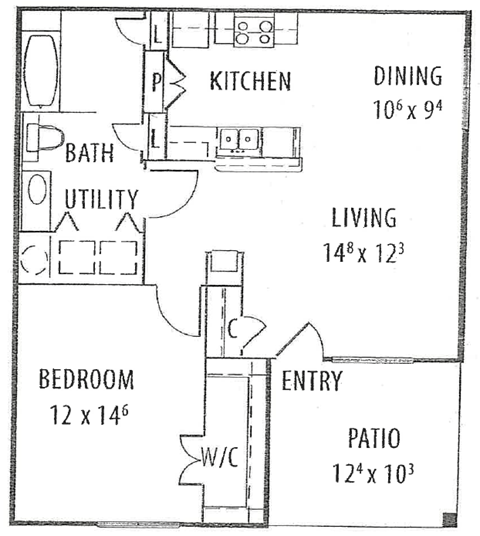 Floor plan for 1 bed, 1 bath, 814 sqft